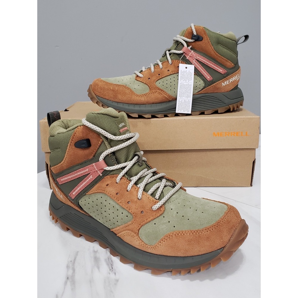 NEW 7.5 MERRELL WILDWOOD MID LEATHER WATERPROOF HIKING BOOTS FOREST GREEN BROWN - Picture 1 of 9